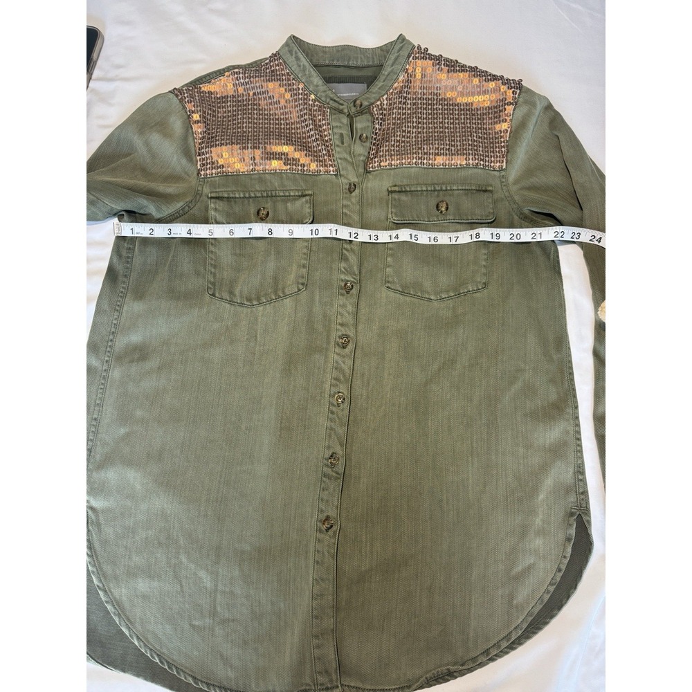 Anthropologie Henley Top Women's 10 Green Sequin Button Up Long Sleeve Western - Picture 6 of 7
